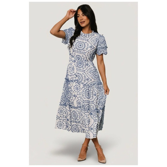 Baltic Born Dresses & Skirts - NWT Baltic Born Size L Dress Mirabel Eyelet Midi Blue White Embroidered Tiered